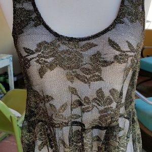 Sheer Black Gold Lame Floral Empire Top Tunic sz S